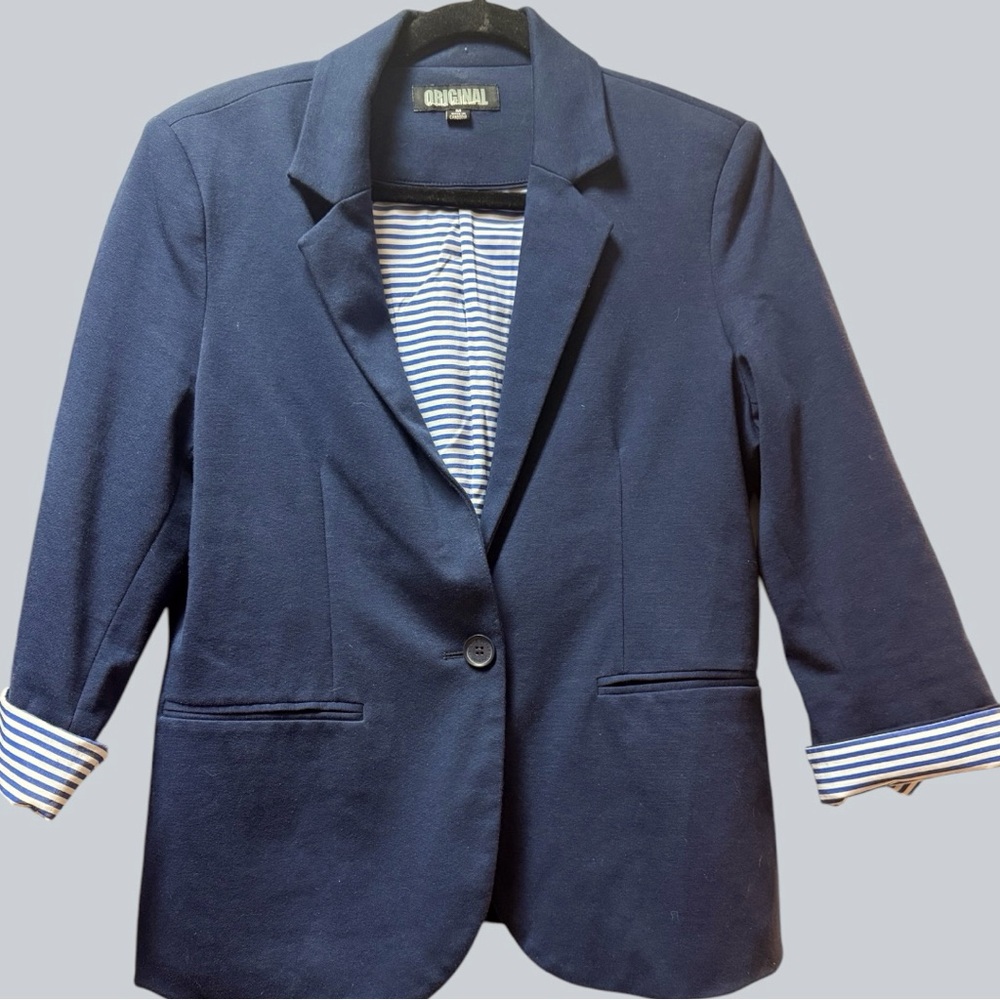 Nicole Miller 3/4 sleeve Navy Blue single button cotton blend stretch blazer
